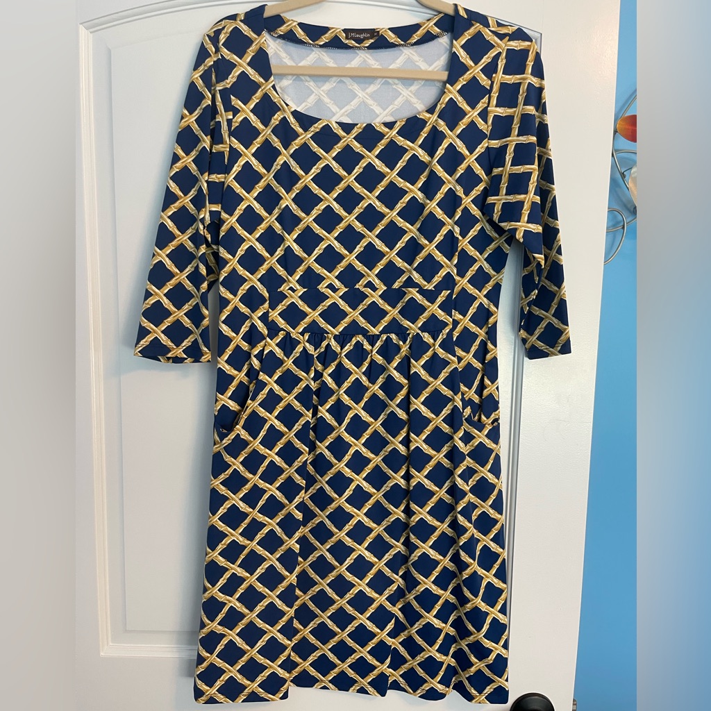J. Mclaughlin Royal Blue And Gold 3/4 Sleeve Dress